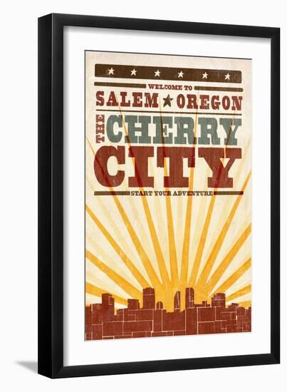 Salem, Oregon - Skyline and Sunburst Screenprint Style-Lantern Press-Framed Art Print