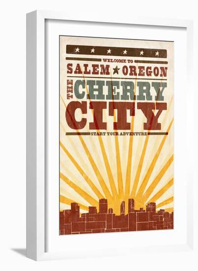 Salem, Oregon - Skyline and Sunburst Screenprint Style-Lantern Press-Framed Art Print