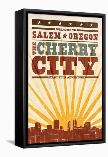 Salem, Oregon - Skyline and Sunburst Screenprint Style-Lantern Press-Framed Stretched Canvas