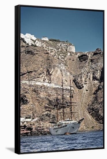 Saliboat Under the Caldera in Santorini Greece-null-Framed Stretched Canvas