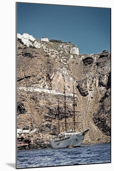 Saliboat Under the Caldera in Santorini Greece-null-Mounted Photo