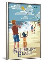 Salisbury Beach, Massachusetts - Kite Flyers-Lantern Press-Framed Art Print