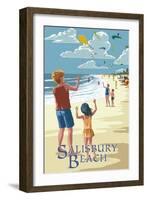 Salisbury Beach, Massachusetts - Kite Flyers-Lantern Press-Framed Art Print