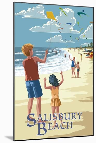 Salisbury Beach, Massachusetts - Kite Flyers-Lantern Press-Mounted Art Print