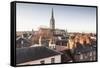 Salisbury cathedral across the rooftops of the city, Salisbury, Wiltshire, England, United Kingdom,-Julian Elliott-Framed Stretched Canvas