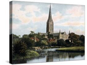 Salisbury Cathedral as Seen from the River Avon, Salisbury, Wiltshire, Early 20th Century-null-Stretched Canvas