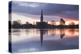 Salisbury Cathedral at Dawn Reflected in the Flooded West Harnham Water Meadows-Julian Elliott-Stretched Canvas