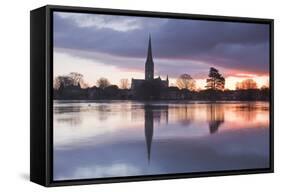 Salisbury Cathedral at Dawn Reflected in the Flooded West Harnham Water Meadows-Julian Elliott-Framed Stretched Canvas