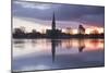 Salisbury Cathedral at Dawn Reflected in the Flooded West Harnham Water Meadows-Julian Elliott-Mounted Photographic Print