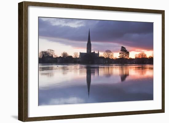 Salisbury Cathedral at Dawn Reflected in the Flooded West Harnham Water Meadows-Julian Elliott-Framed Photographic Print