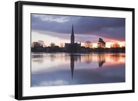 Salisbury Cathedral at Dawn Reflected in the Flooded West Harnham Water Meadows-Julian Elliott-Framed Photographic Print