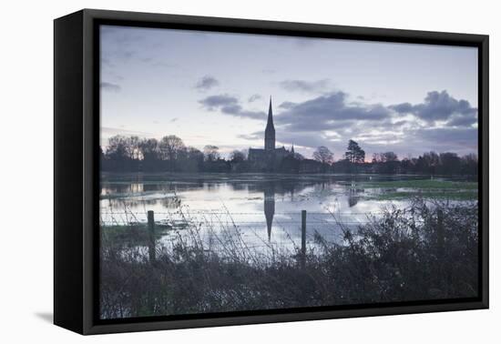 Salisbury Cathedral at Dawn Reflected in the Flooded West Harnham Water Meadows-Julian Elliott-Framed Stretched Canvas