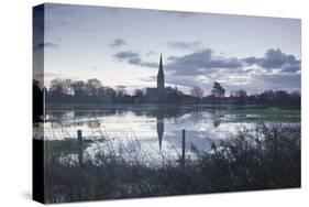 Salisbury Cathedral at Dawn Reflected in the Flooded West Harnham Water Meadows-Julian Elliott-Stretched Canvas