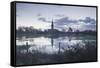 Salisbury Cathedral at Dawn Reflected in the Flooded West Harnham Water Meadows-Julian Elliott-Framed Stretched Canvas