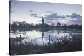 Salisbury Cathedral at Dawn Reflected in the Flooded West Harnham Water Meadows-Julian Elliott-Stretched Canvas