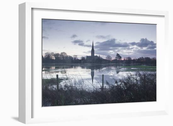 Salisbury Cathedral at Dawn Reflected in the Flooded West Harnham Water Meadows-Julian Elliott-Framed Photographic Print