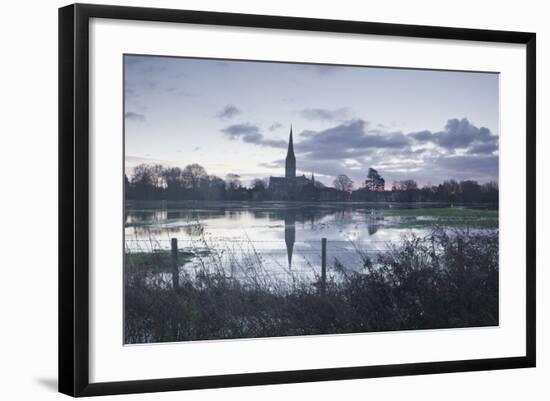 Salisbury Cathedral at Dawn Reflected in the Flooded West Harnham Water Meadows-Julian Elliott-Framed Photographic Print