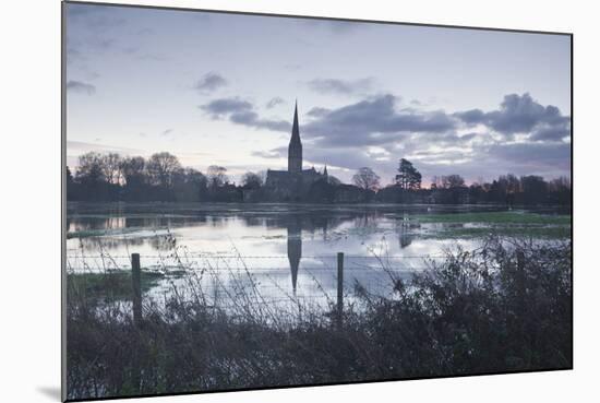 Salisbury Cathedral at Dawn Reflected in the Flooded West Harnham Water Meadows-Julian Elliott-Mounted Photographic Print