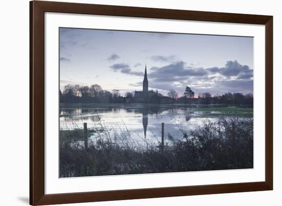 Salisbury Cathedral at Dawn Reflected in the Flooded West Harnham Water Meadows-Julian Elliott-Framed Photographic Print