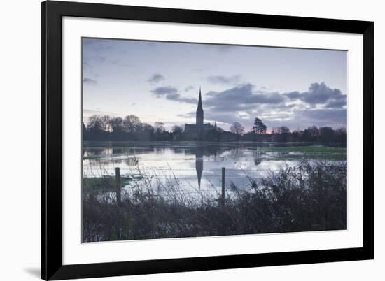 Salisbury Cathedral at Dawn Reflected in the Flooded West Harnham Water Meadows-Julian Elliott-Framed Photographic Print