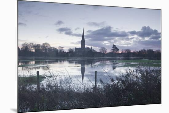 Salisbury Cathedral at Dawn Reflected in the Flooded West Harnham Water Meadows-Julian Elliott-Mounted Photographic Print