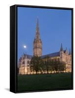 Salisbury Cathedral At Dusk With Moon-Charles Bowman-Framed Stretched Canvas