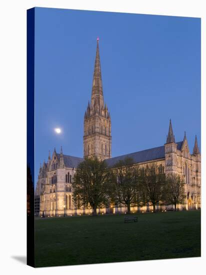 Salisbury Cathedral At Dusk With Moon-Charles Bowman-Stretched Canvas