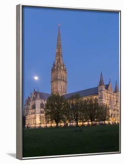 Salisbury Cathedral At Dusk With Moon-Charles Bowman-Framed Photographic Print