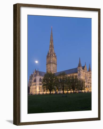 Salisbury Cathedral At Dusk With Moon-Charles Bowman-Framed Photographic Print