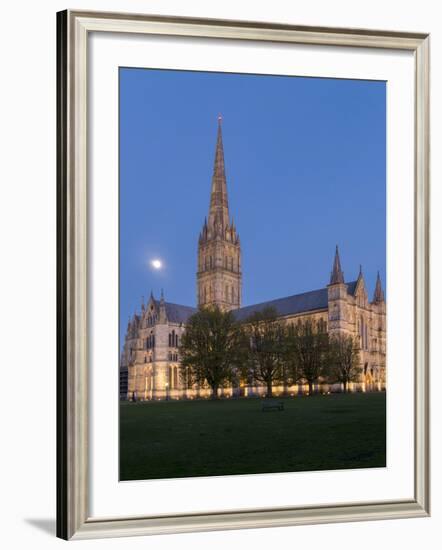 Salisbury Cathedral At Dusk With Moon-Charles Bowman-Framed Photographic Print
