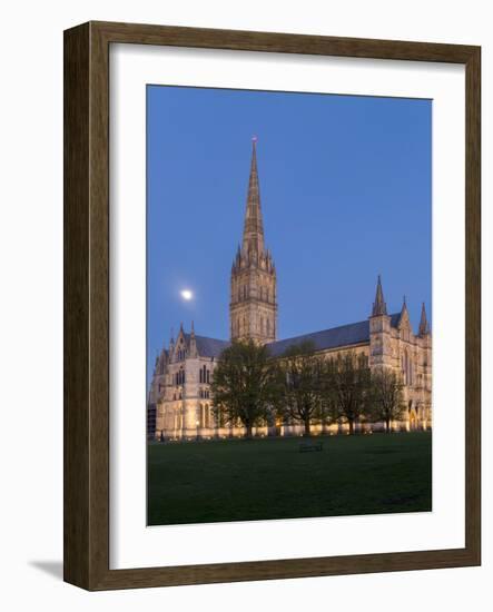 Salisbury Cathedral At Dusk With Moon-Charles Bowman-Framed Photographic Print