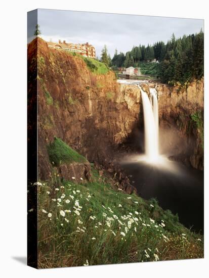 Salish Lodge and English Daisies, Snoqualmie Falls, Washington, USA-Charles Crust-Stretched Canvas