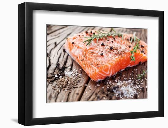 Salmon Filet with Spices on a Wooden Carving Board. Macro Shot.-Volff-Framed Photographic Print