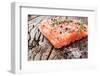 Salmon Filet with Spices on a Wooden Carving Board. Macro Shot.-Volff-Framed Photographic Print