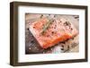 Salmon Filet with Spices on a Wooden Carving Board. Macro Shot.-Volff-Framed Photographic Print