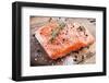 Salmon Filet with Spices on a Wooden Carving Board. Macro Shot.-Volff-Framed Photographic Print