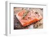 Salmon Filet with Spices on a Wooden Carving Board. Macro Shot.-Volff-Framed Photographic Print