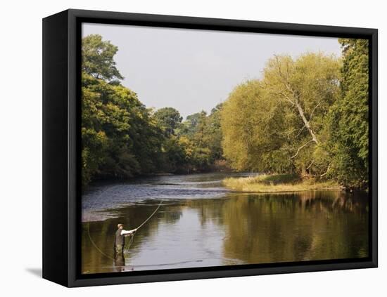 Salmon Fisherman Casting to a Fish on the River Dee, Wrexham, Wales-John Warburton-lee-Framed Stretched Canvas