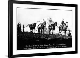 Salmon River Park, Oregon - Man with Horses, Mt Hood in Distance-Lantern Press-Framed Premium Giclee Print