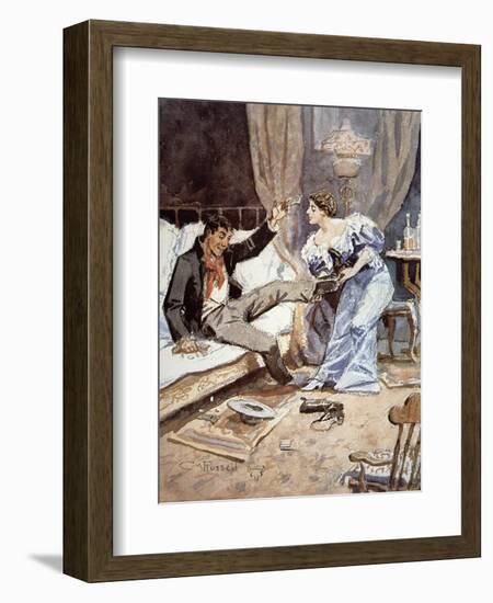 Saloon Girl with a Drunken Cowboy, c.1898-Charles Marion Russell-Framed Giclee Print