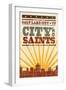 Salt Lake City, Utah - Skyline and Sunburst Screenprint Style-Lantern Press-Framed Art Print