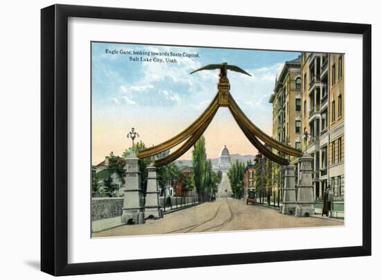 Salt Lake City, Utah, View of the Eagle Gate Facing the State Capitol Building-Lantern Press-Framed Art Print