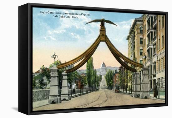 Salt Lake City, Utah, View of the Eagle Gate Facing the State Capitol Building-Lantern Press-Framed Stretched Canvas