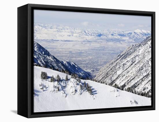 Salt Lake Valley and Fresh Powder Tracks at Alta, Alta Ski Resort, Salt Lake City, Utah, USA-Kober Christian-Framed Stretched Canvas