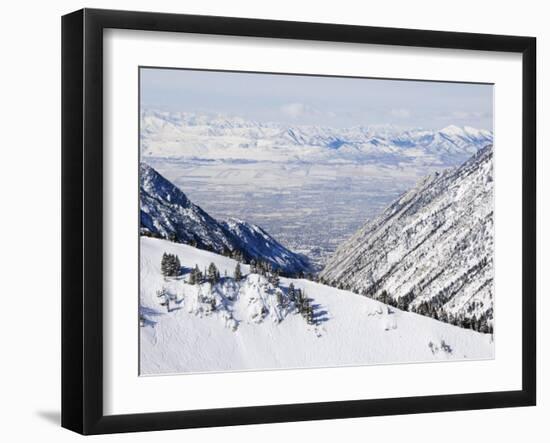 Salt Lake Valley and Fresh Powder Tracks at Alta, Alta Ski Resort, Salt Lake City, Utah, USA-Kober Christian-Framed Photographic Print