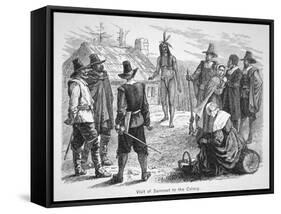 Samoset, Chief of the Pemaquids Visits the Pilgrim Fathers in 1621 (Litho)-American-Framed Stretched Canvas
