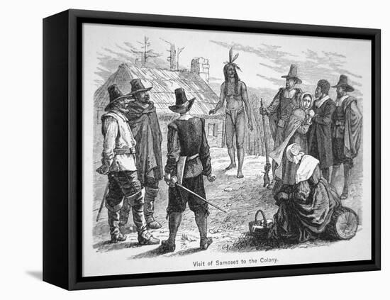 Samoset, Chief of the Pemaquids Visits the Pilgrim Fathers in 1621 (Litho)-American-Framed Stretched Canvas