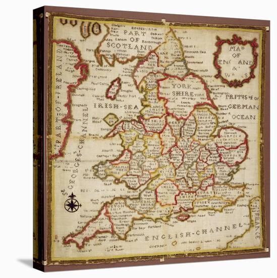 Sampler Depicting a Map of England and Wales, Chain, Double Back and Satin Stitch, by Ann Seaton…-null-Stretched Canvas