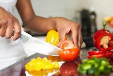 African American Womans Hand Slicing A Tomatoe-Samuel Borges-Photographic Print