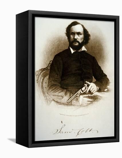 Samuel Colt Holding One of His Percussion Revolvers (Engraving)-American-Framed Stretched Canvas